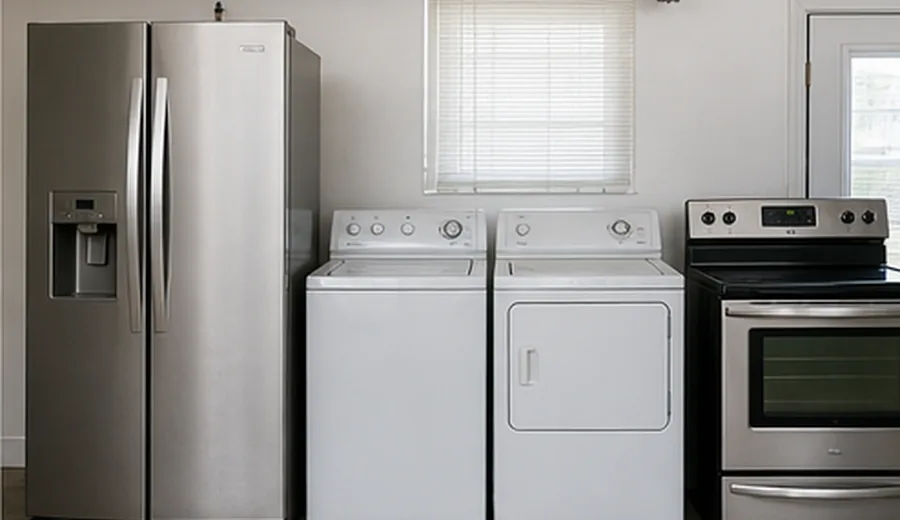 Refrigerator, laundry appliances, and stove ready for appliance removal