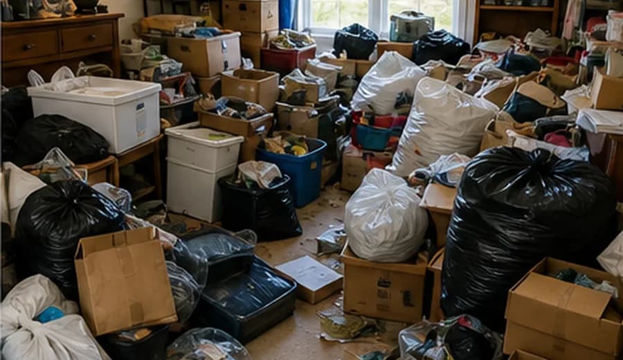 Cluttered room with boxes and bags during a respectful hoarder cleanout