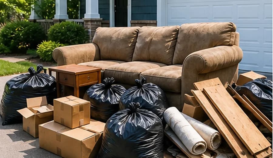 Couch, bags, boxes, and household junk ready for pickup outside a home